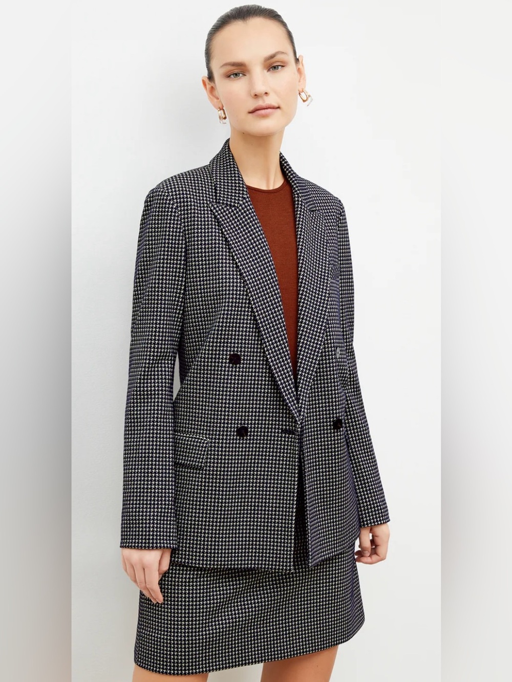 MM Lafleur Black and White Houndstooth Double-Breasted Blazer